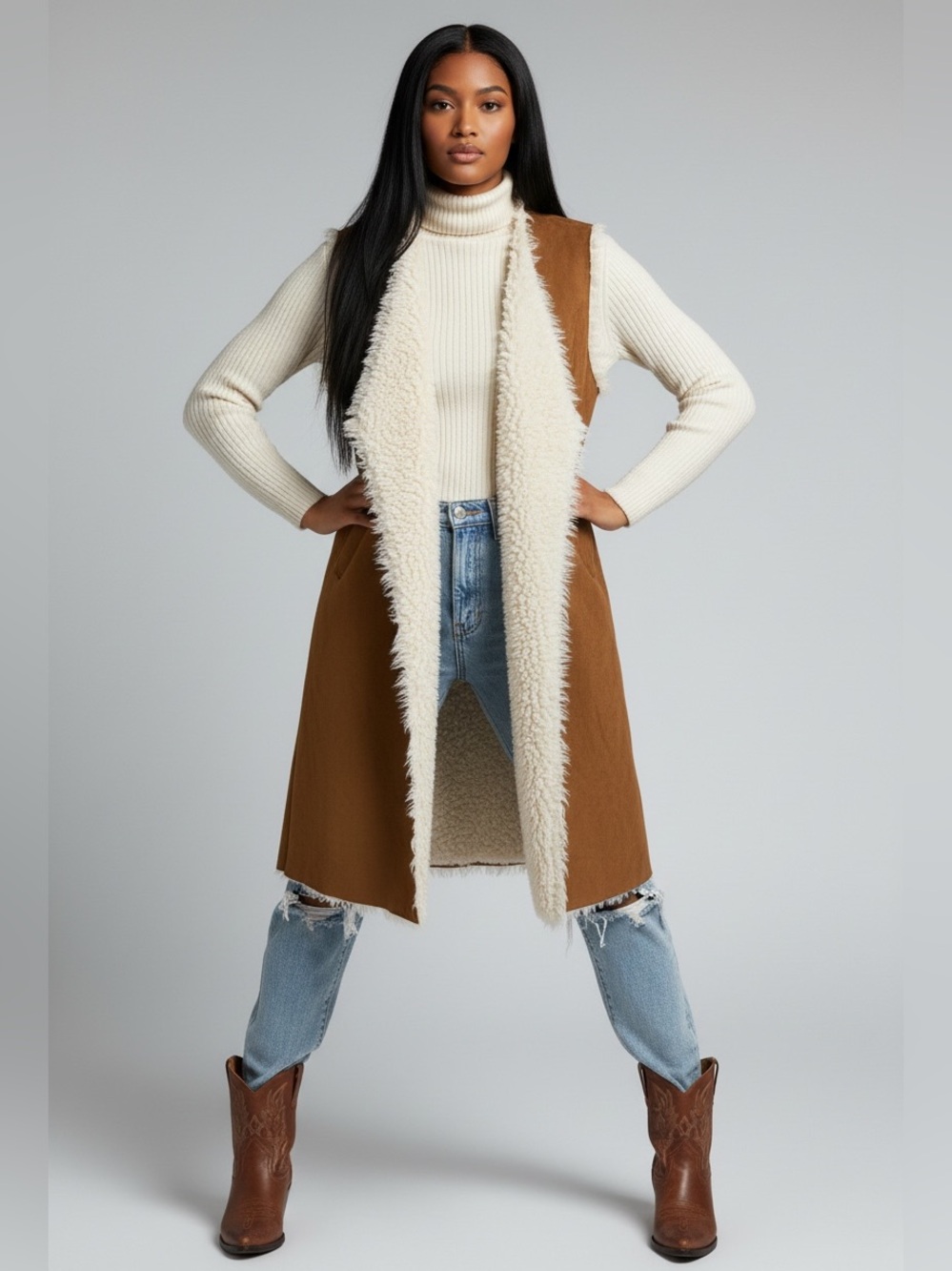 Women's Brown Faux-Suede Long Vest with Cream Sherpa Lining
